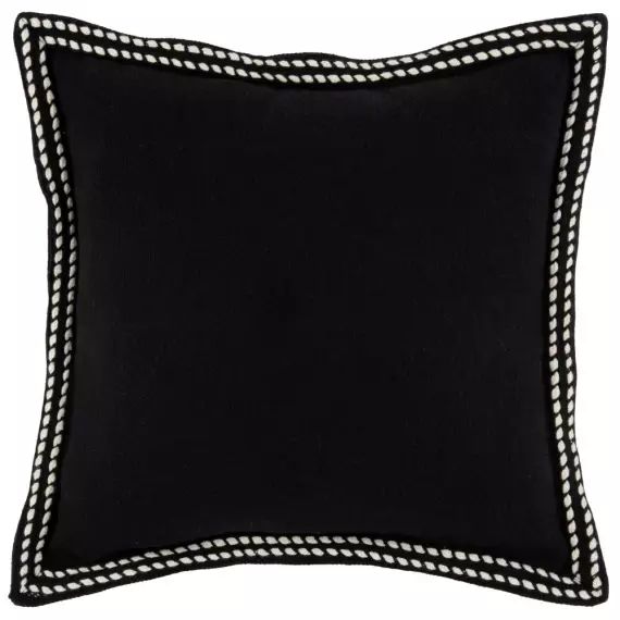 Housse de coussin en coton et lin noir à galon 40×40
