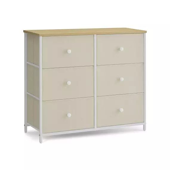 Commode 6 tiroirs en tissu effet bois blanc crème