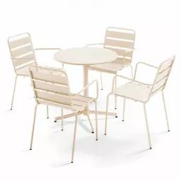 Ensemble table de jardin et 4 fauteuils métal ivoire