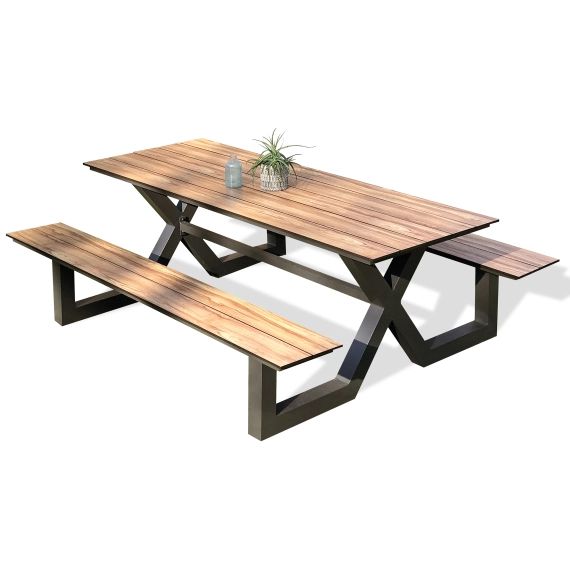 Table de jardin en aluminium anthracite et plateau HPL effet bois