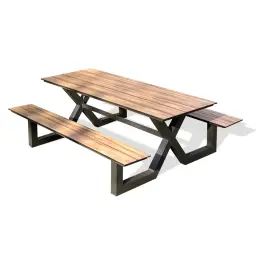Table de jardin en aluminium anthracite et plateau HPL effet bois