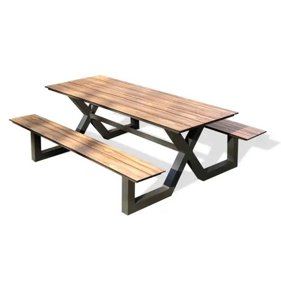 Table de jardin en aluminium anthracite et plateau HPL effet bois