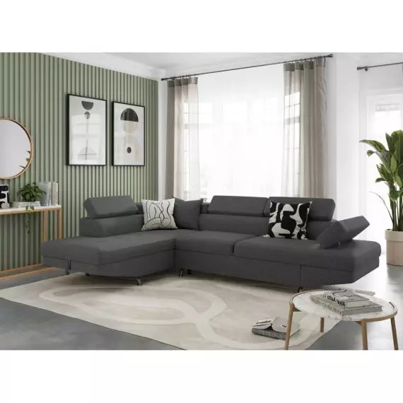 Canapé d’angle RIO Convertible avec coffre en tissu – Angle Gauche, Gris foncé – 271 x 192 x 85 cm – Usinestreet