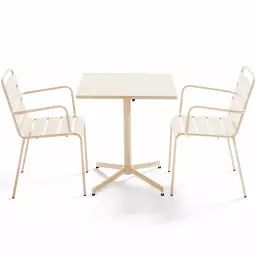Ensemble table de jardin carrée et 2 fauteuils métal ivoire