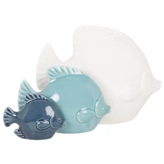 Statuette 3 poissons plats en porcelaine blanche, bleu clair et bleu marine H10