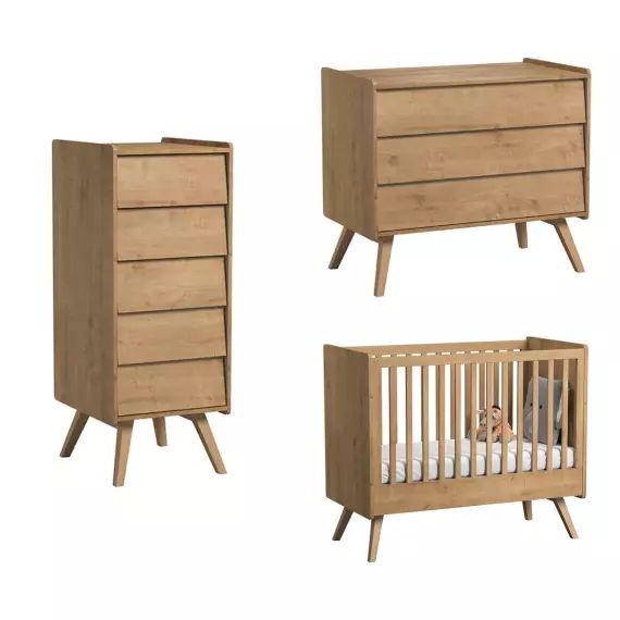 Chambre bébé : Trio – lit bébé 60×120 commode chiffonnier naturel