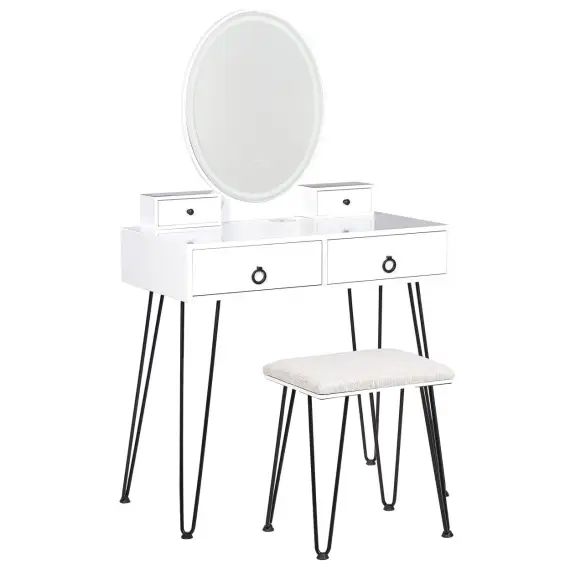 Coiffeuse blanc et noir avec miroir à LED et tabouret