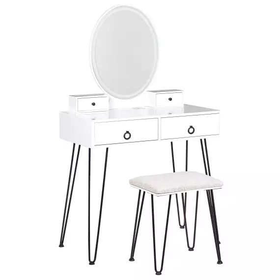 Coiffeuse blanc et noir avec miroir à LED et tabouret