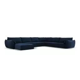 Canapé d’angle droit panoramique 8 places en tissu velours bleu roi