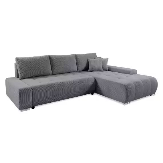 Canapé d’angle convertible droit 4 places coffre velours côtelé gris