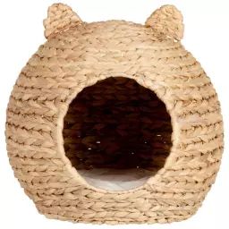 Panier rond pour chat en fibre végétale beige et coton écru