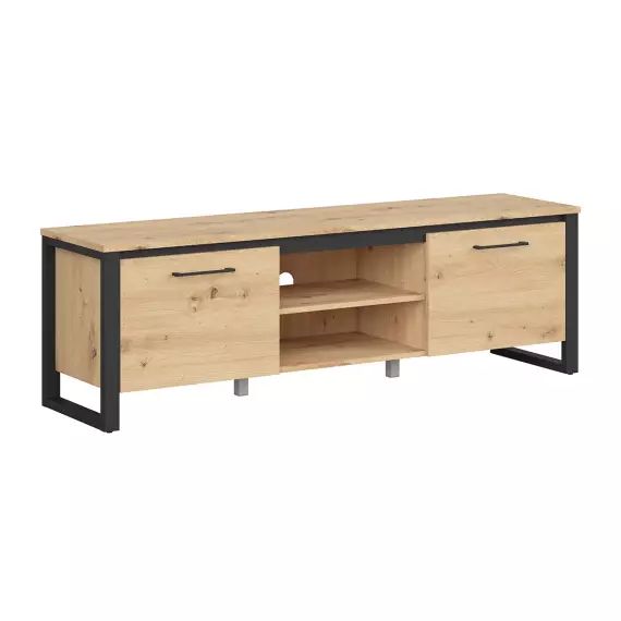 Meuble tv 2 portes 2 niches 160 cm naturel et noir