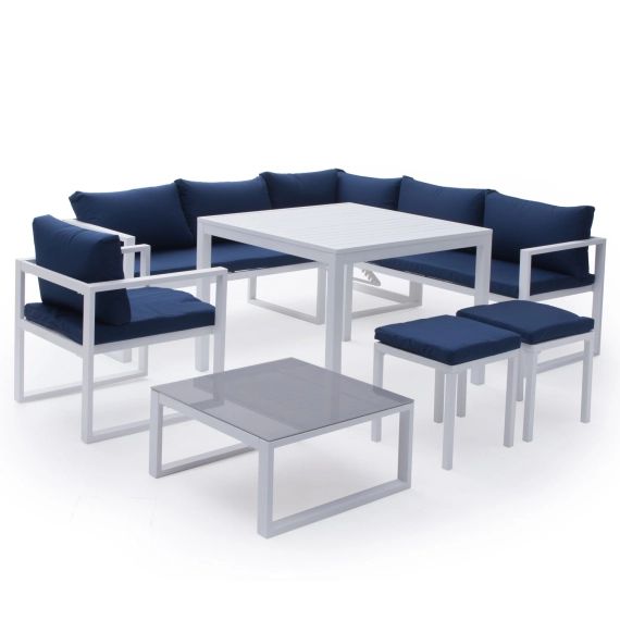 Salon de jardin 7 places en tissu bleu et aluminium blanc