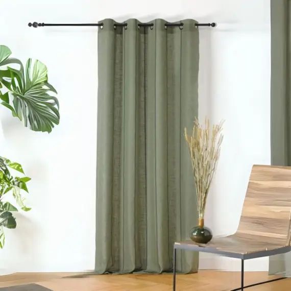 Voilage aux fines rayures noires poly / lin vert 260 x 145