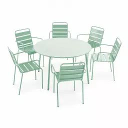 Ensemble table de jardin ronde et 6 fauteuils acier vert sauge