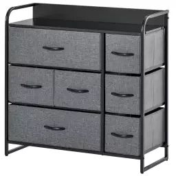 Commode rangement 7 tiroirs plateau acier MDF noir non tissé gris