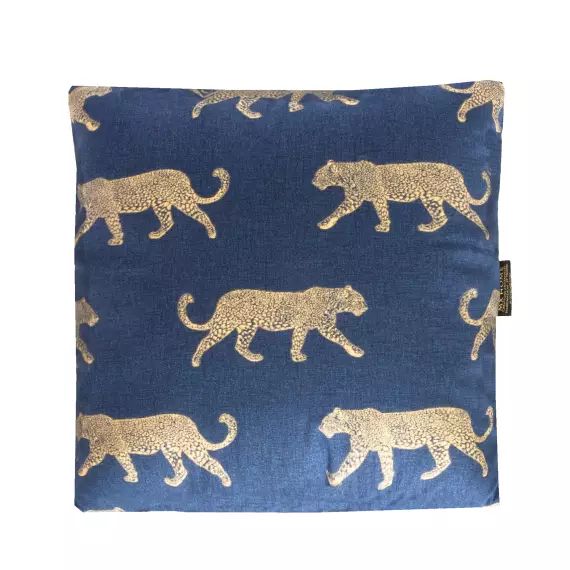 Coussin en coton bleu cyan motif tigre or