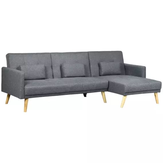 Canapé d’angle convertible 3 places scandinave bois aspect lin gris