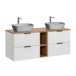 Meuble double vasque effet pierre 140cm 2 niches blanc