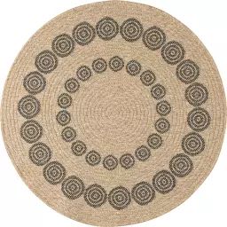 Tapis circulaire effet jute à motif géométrique noir 80×80