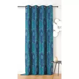 Rideau imprimé plumes de paon polyester bleu 240 x 140