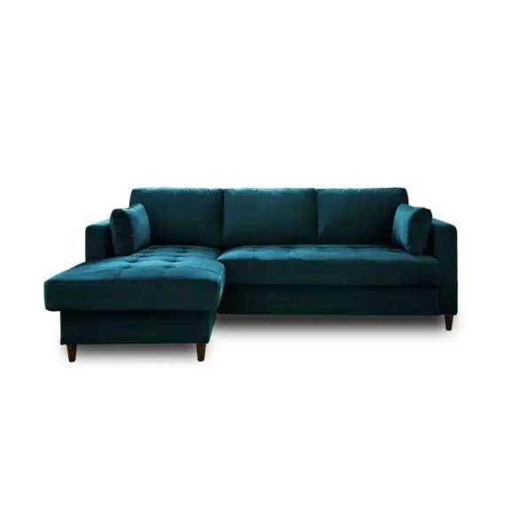Canapé d&rsquo;angle gauche convertible 4 places Velours Bleu canard
