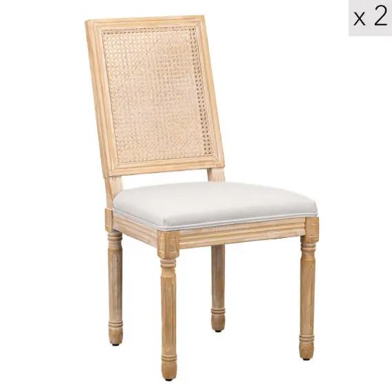 Lot de 2 chaises en bois et cannage avec assise en tissu gris clair