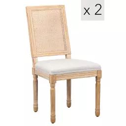 Lot de 2 chaises en bois et cannage avec assise en tissu gris clair