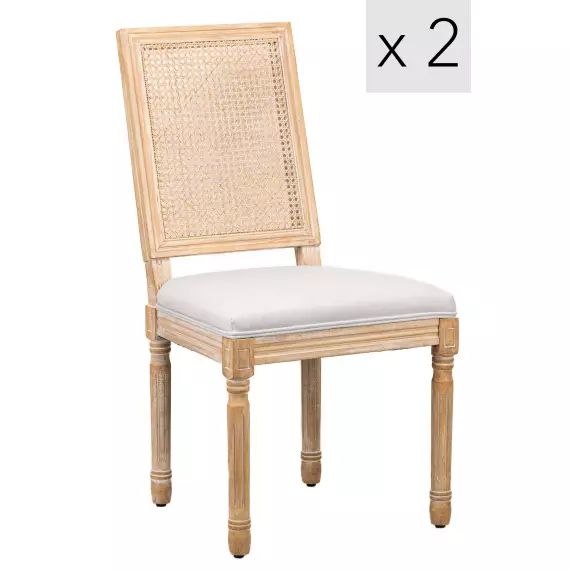 Lot de 2 chaises en bois et cannage avec assise en tissu gris clair