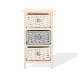 Table de chevet avec 3 tiroirs en bois de pin, coton gris et beige
