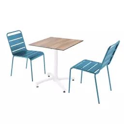 Ensemble table de jardin stratifié chêne et 2 chaises bleu pacific