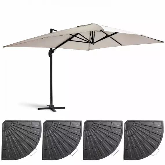 Parasol déporté 3x4m et 4 dalles lestées aluminium blanc