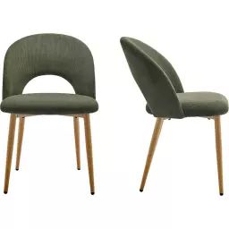 Lot de 2 chaises en velours côtelé vert, piètement effet bois