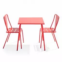 Ensemble table de jardin carrée et 2 chaises bistrot rouge