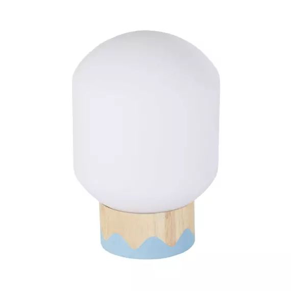 Lampe à poser en bois d’hévéa bleu et beige avec globe en verre opaque
