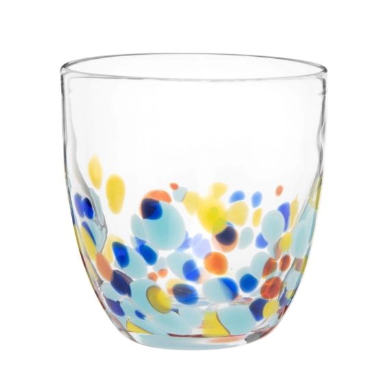 Gobelet en verre transparent et motifs à pois multicolores