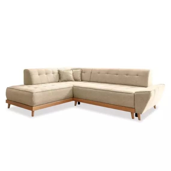 Canapé d&rsquo;angle gauche convertible 5 places Tissu Beige