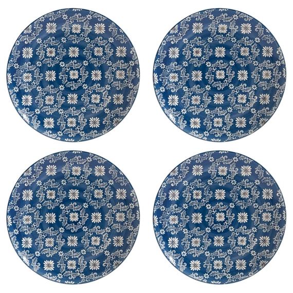 Coffret de 4 assiettes plates décors assortis   26 cm en grès  bleu
