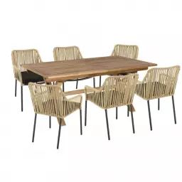 Salon de jardin 6 pers – 1 table rect. 180x100cm et 6 fauteuils beiges