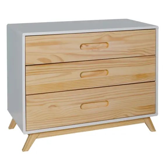 Commode 3 tiroirs bois massif blanc et bois
