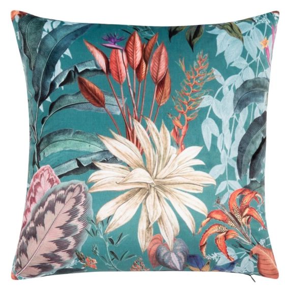 Housse de coussin imprimé feuillages en suédine verte, jaune et brique 40×40