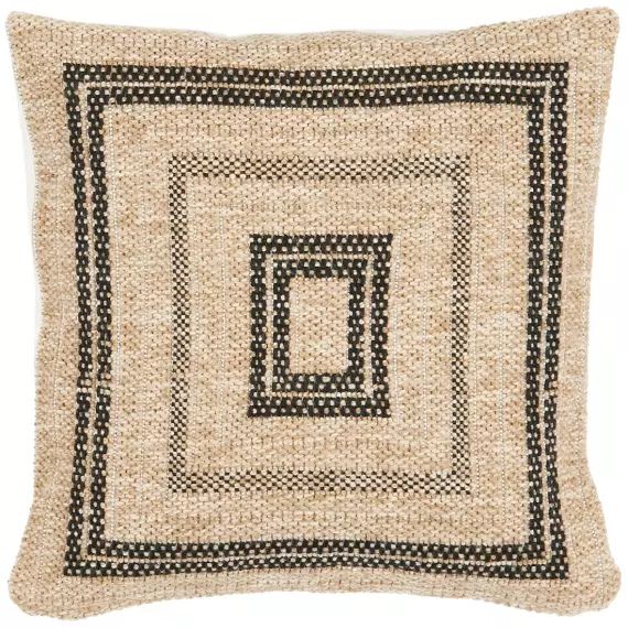 Housse de coussin aspect jute motif carré noir 50×50