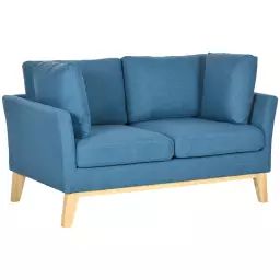 Canapé 2 places style scandinave piètement bois hévéa tissu bleu