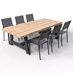 Ensemble table à manger en bois 240cm + 6 chaises en aluminium gris