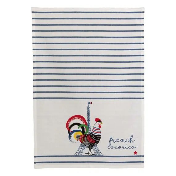 Torchon recyclé  en coton ecru/bleu 50 x 70
