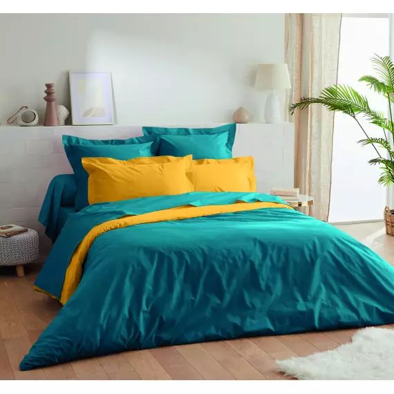 Housse de couette percale de coton 80 fils  canard curry 220×240