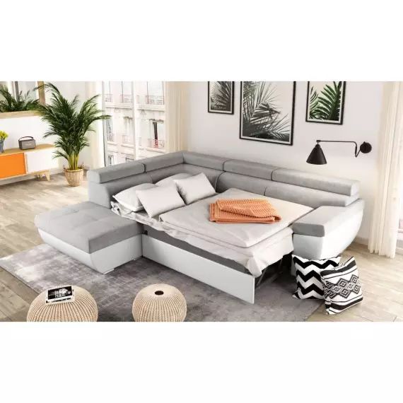 Canapé d&rsquo;angle convertible TALIA avec pouf coffre et têtières en simili et microfibre – Angle Gauche, Blanc et Gris – 260 x 220 x 76 cm – Usinestreet
