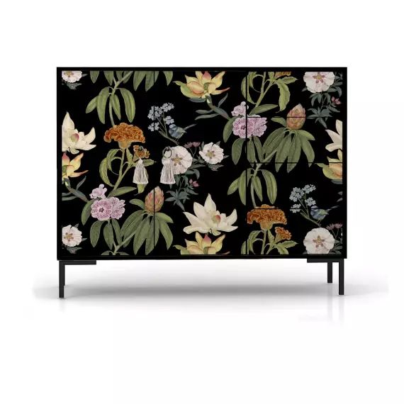 Buffet bas 2portes 4 tiroirs MDF imprimé floral sur fond noir