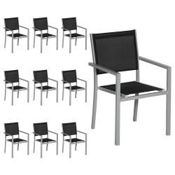 Lot de 10 chaises en aluminium gris et textilène noir