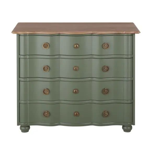Commode 4 tiroirs vert kaki et métal doré